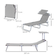 Light Grey Folding Sun Lounger Set with Adjustable Backrest and Sunshade for Garden Patio