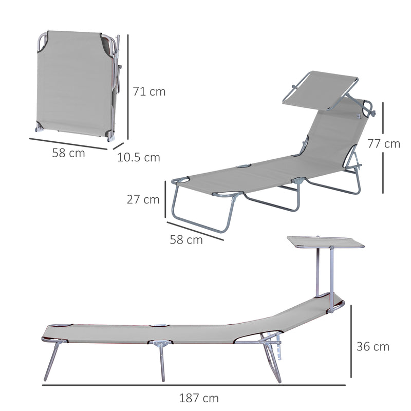 Light Grey Folding Sun Lounger Set with Adjustable Backrest and Sunshade for Garden Patio