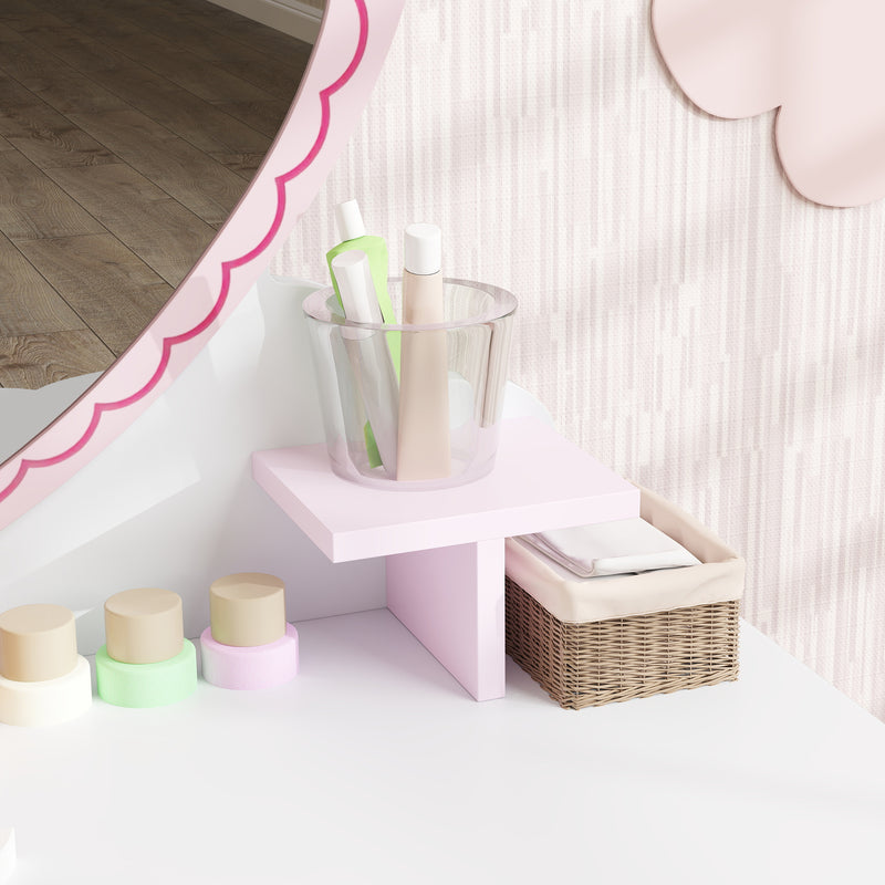 Pink Kids Dressing Table Set With Stool Mirror and Drawer by AIYAPLAY