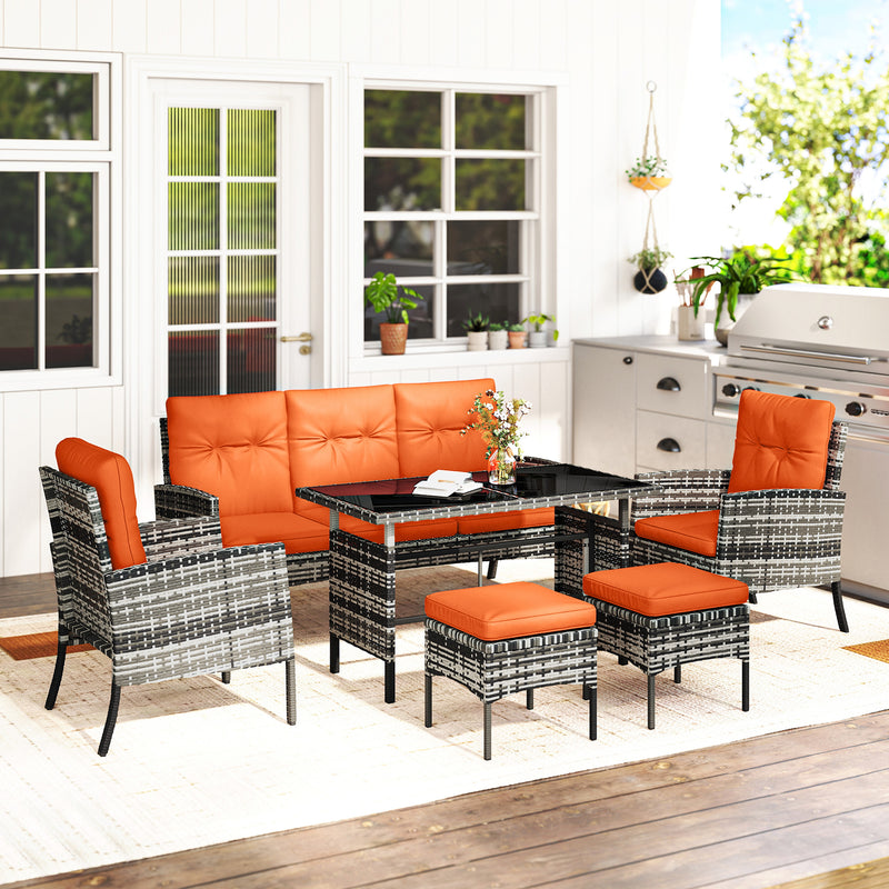 6 Seater Rattan Garden Furniture Set With Cushions And Dining Table For Patio Orange