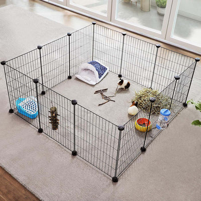 Guinea pig inside the assembled cage on a rug with hideout, hay, food bowl and water bottle