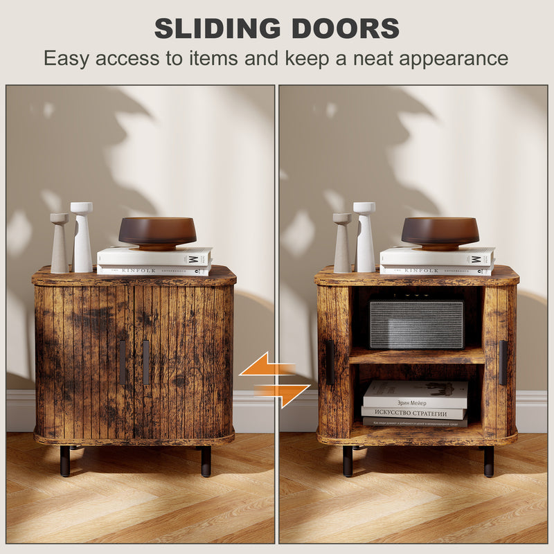 Nordic Bedside Table With Sliding Roller Doors And Metal Legs For Bedroom Rustic Brown