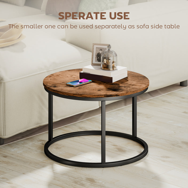 Set of 2 Round Nesting Coffee Tables with Metal Frame Ideal for Living Room Use Rustic Brown