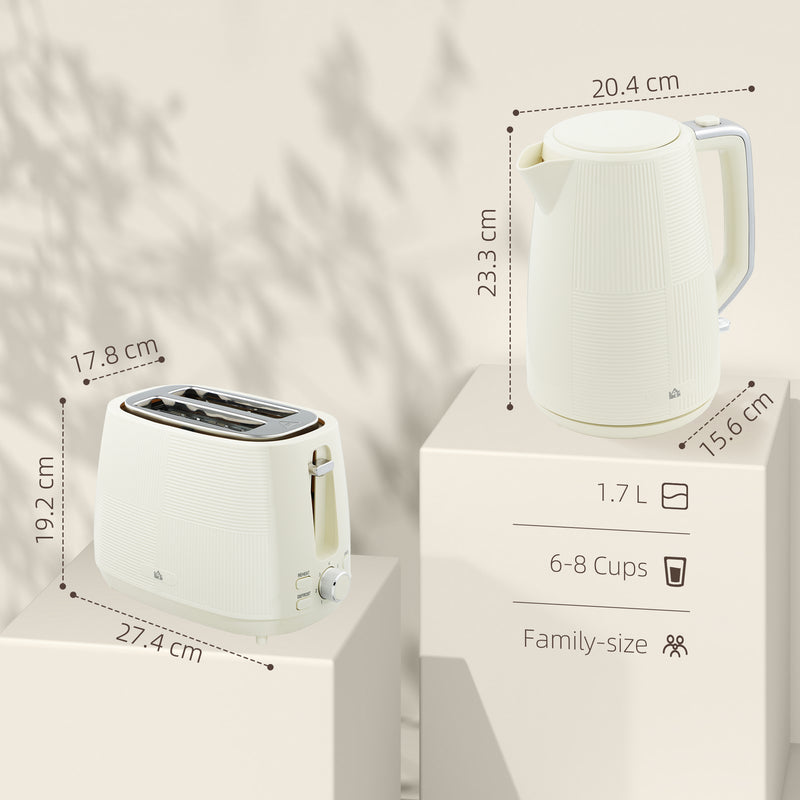 Cream White Cordless Kettle and Toaster Set 1.7L 3000W Fast Boil with 7 Browning Levels by HOMCOM