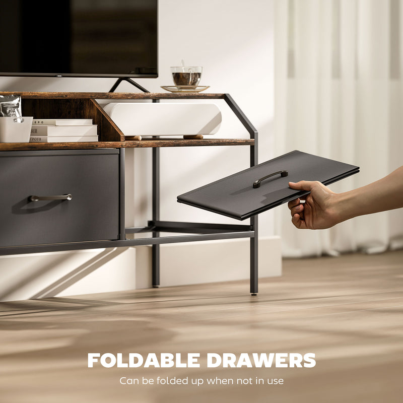 Wooden TV Stand Cabinet With Foldable Drawers And Side Pockets For 55 Inch TVs, Rustic Brown