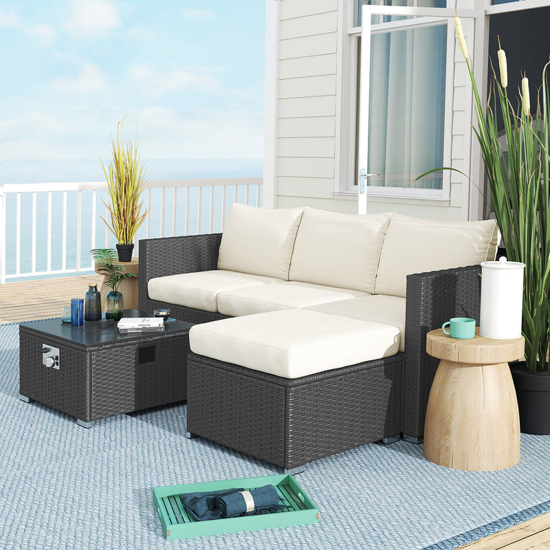 5 Piece Rattan Garden Lounge Set with Gas Fire Pit Table and Footstool Black by Outsunny