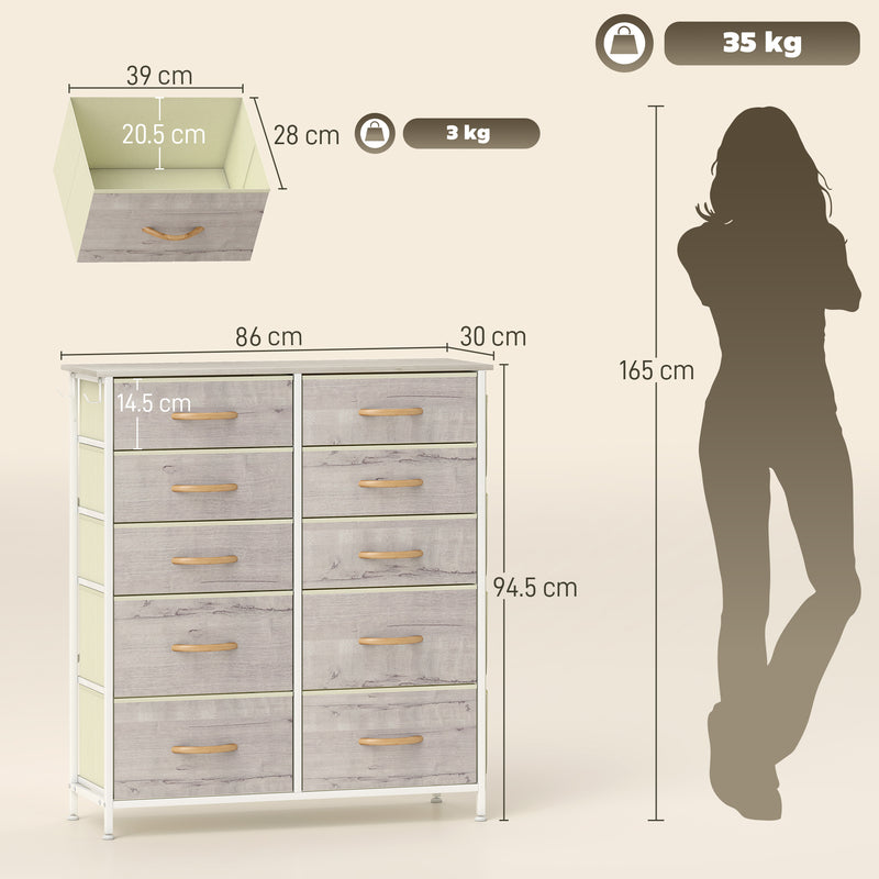 Tall Chest of 10 Fabric Drawers for Bedroom Storage with Wood Frame, Natural Finish