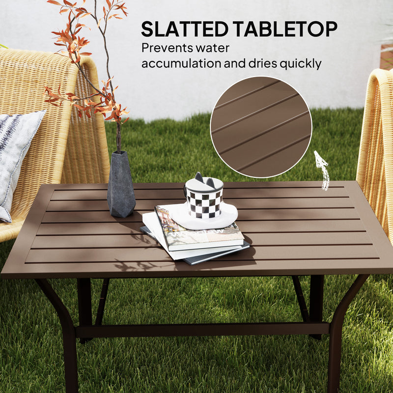 Brown Metal Garden Coffee Table with Slatted Top and Foot Pads for Outdoor Use by Outsunny