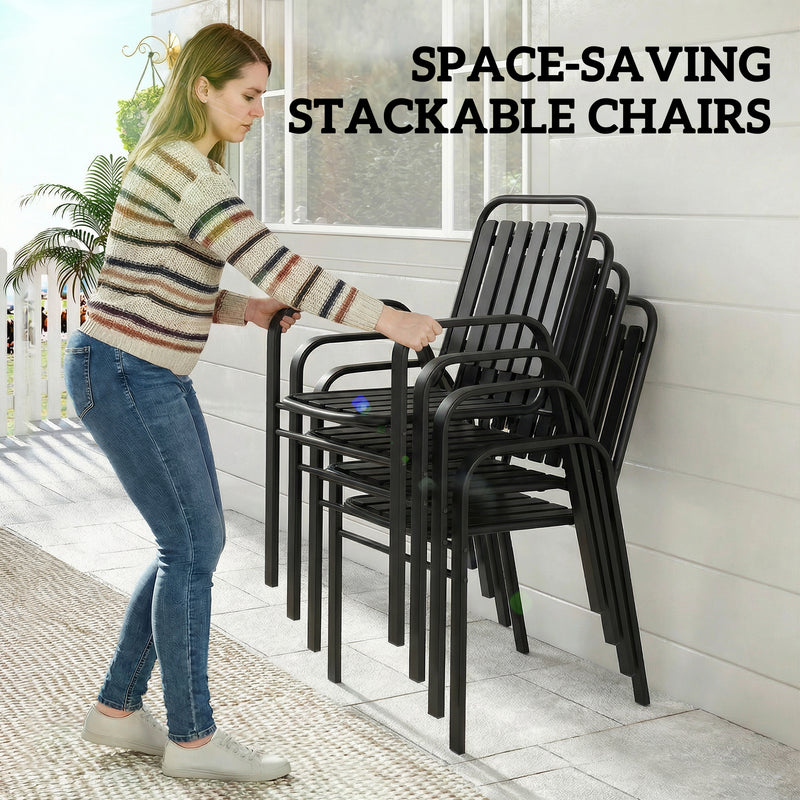 Outdoor Dining Set for 6 with Stackable Chairs and Easy Clean Table With Umbrella Hole, Black