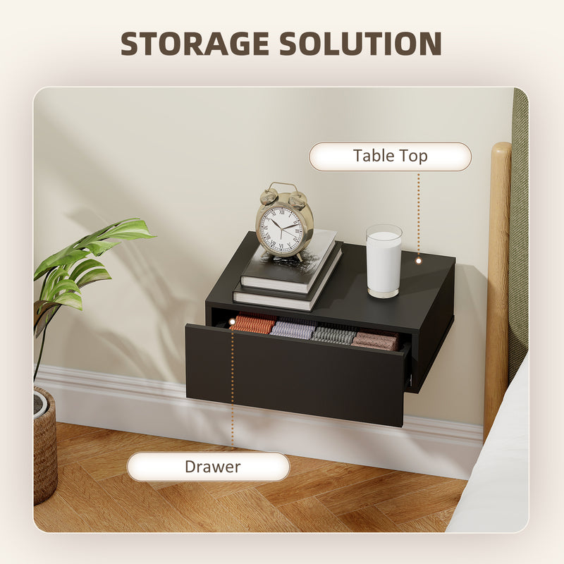 Floating Bedside Tables Set of 2 with Drawer for Space Saving Bedroom Storage Black