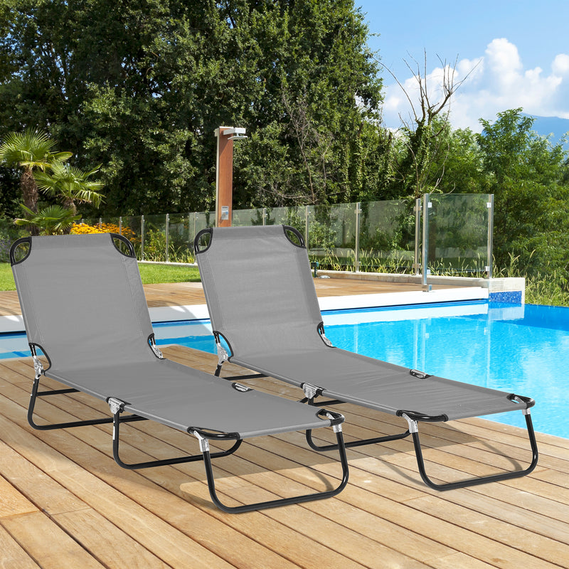 Set of 2 Folding Sun Loungers with Adjustable Backrest for Garden and Beach in Dark Grey by Outsunny