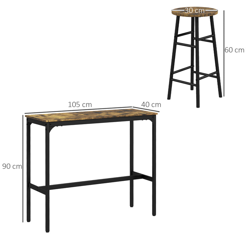 Bar Table and Stools Set for Two Compact Dining with Oak Effect Top White Frame AOSOM