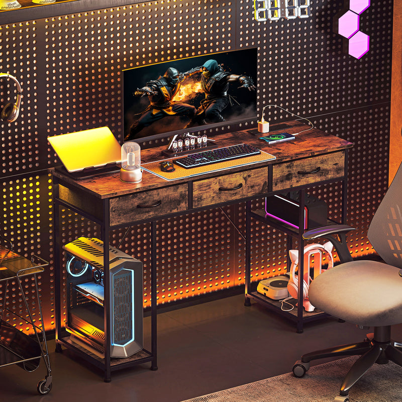 Industrial  120cm Computer Desk With Power Outlets Drawers And Storage Shelves For Home Office