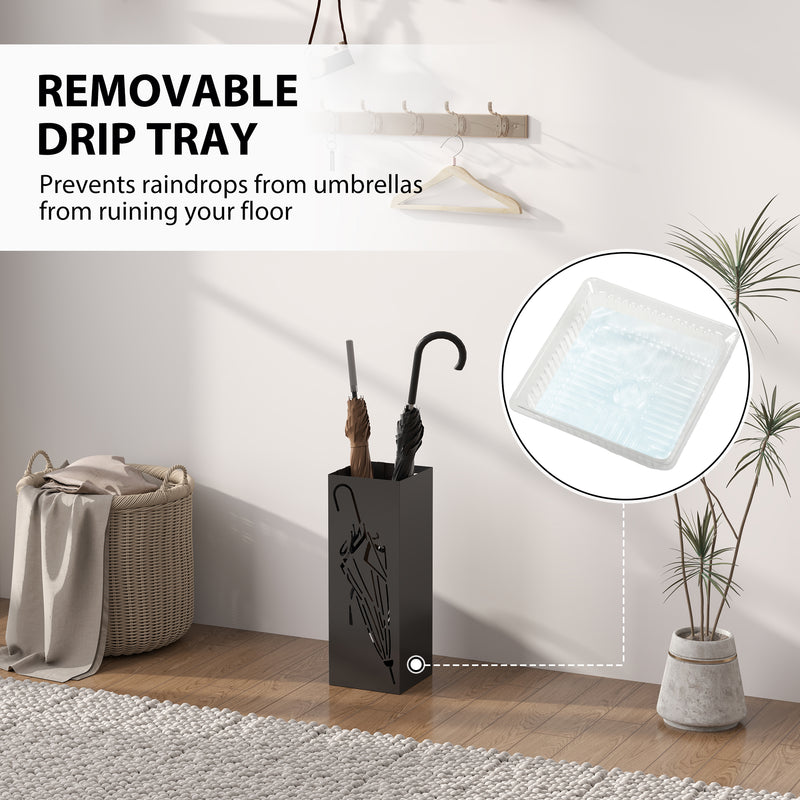 Black Metal Umbrella Stand with Hooks and Drip Tray for Hallway and Entryway by HOMCOM