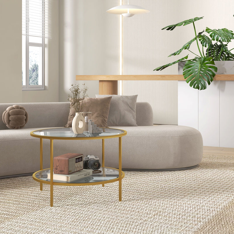 Gold Round Glass Coffee Table with Storage and Steel Frame for Modern Living Room Decor