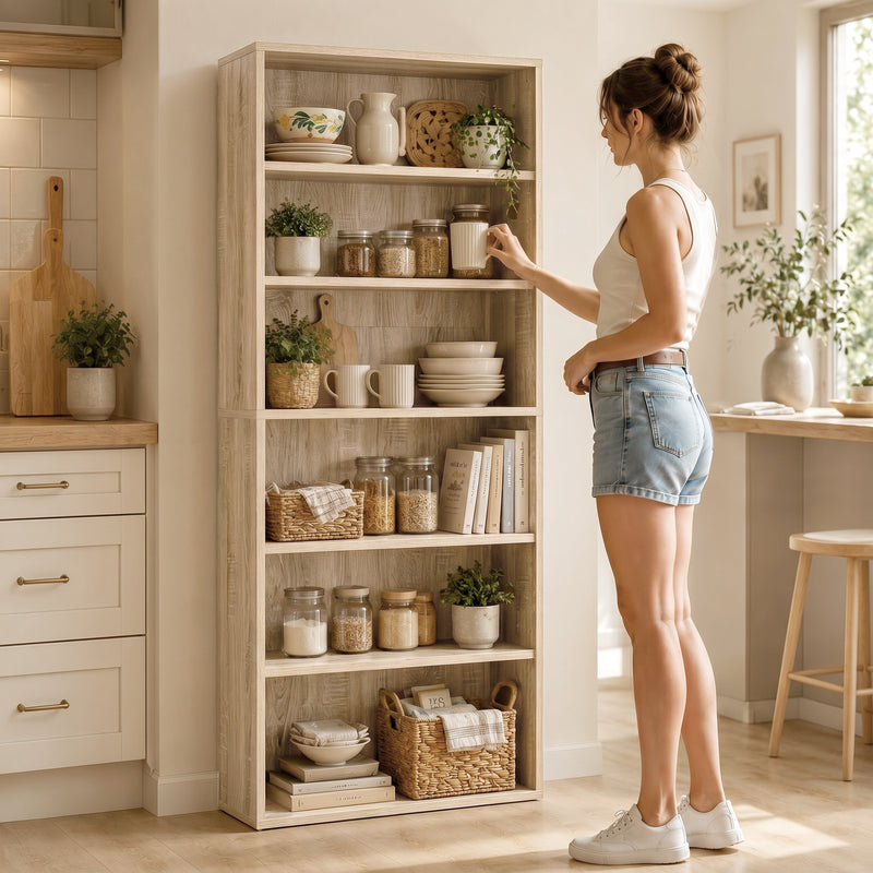 Tall Bookshelf with Adjustable Shelves for Living Room or Office Organisation Oak Wood Effect