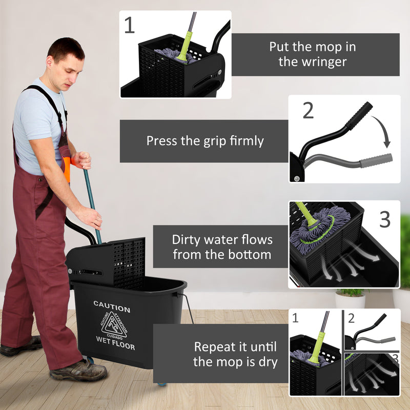 HOMCOM 20L Compact Mop Bucket on Wheels, with Water Separation Panel - Black