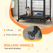 Heavy Duty Dog Crate with Wheels Removable Tray and Bowl Holder for Medium Large Dogs Grey