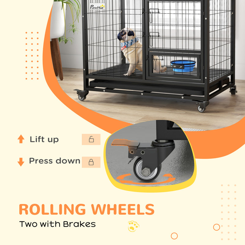 Heavy Duty Dog Crate with Wheels Removable Tray and Bowl Holder for Medium Large Dogs Grey