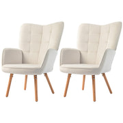 Set of 2 Velvet Wingback Armchairs with Wood Legs for Lounge or Living Room Cream White AOSOM