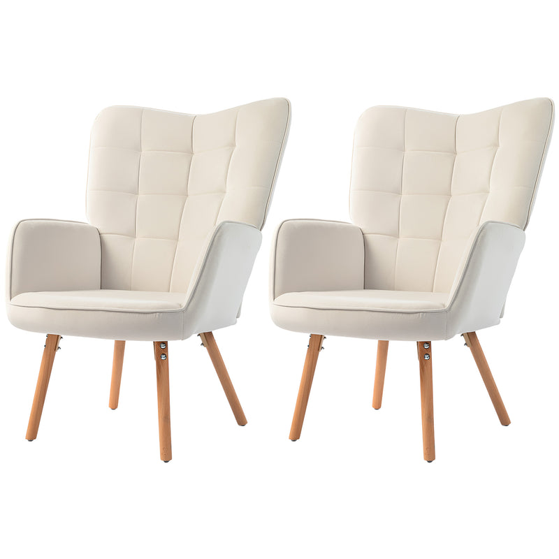Set of 2 Velvet Wingback Armchairs with Wood Legs for Lounge or Living Room Cream White AOSOM