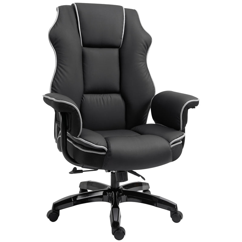 Black Faux Leather Executive Office Chair with White Piping and Padded Armrests