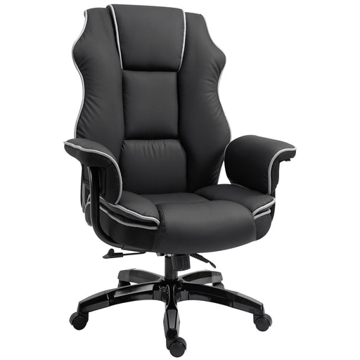 Black Faux Leather Executive Office Chair with White Piping and Padded Armrests