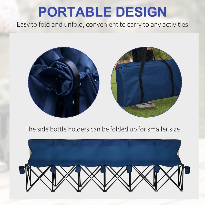 Folding 6 Seater Bench for Easy Group Seating with Cup Holders and Carry Bag Blue