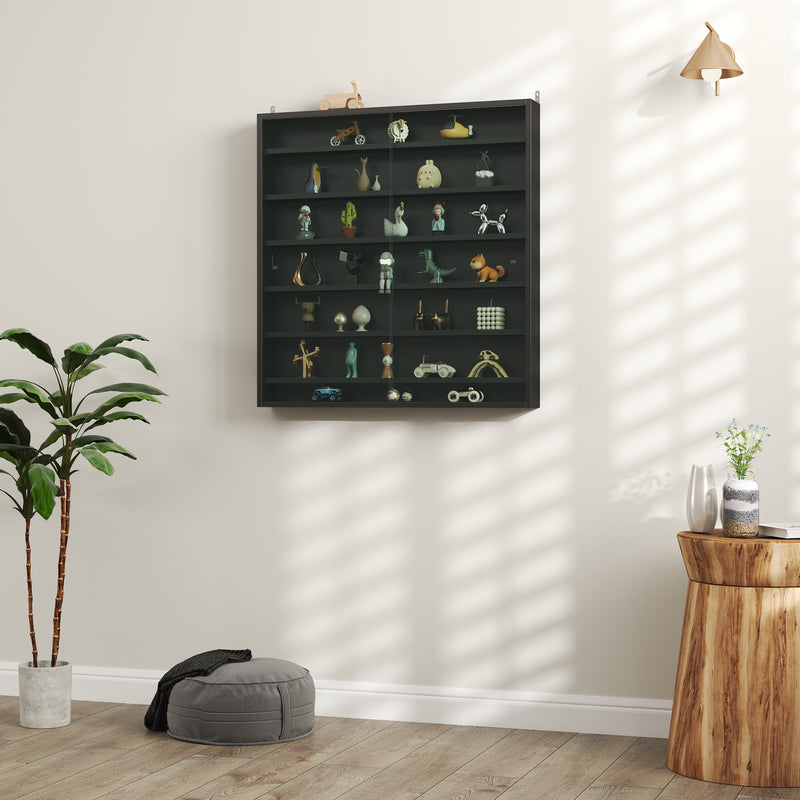 Black 7 Tier Wall Display Cabinet with Glass Doors and Adjustable Shelves by HOMCOM