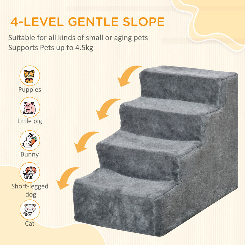 Four Step Pet Stairs with Washable Plush Cover for Small Dogs and Cats Light Grey AOSOM