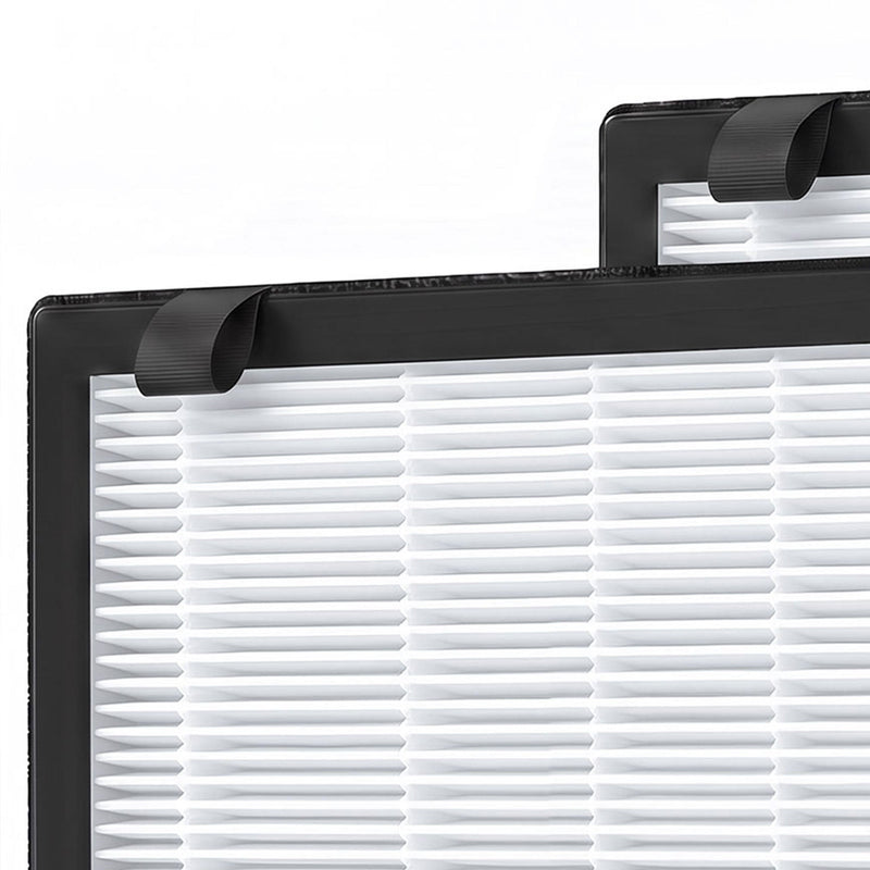 Close-up of the filter frame handle and pleated HEPA media