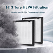 Graphic showing H13 HEPA filtration rate of 99.97% with two filters in smoky air