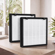Two replacement filters standing on a shelf beside plants and a window