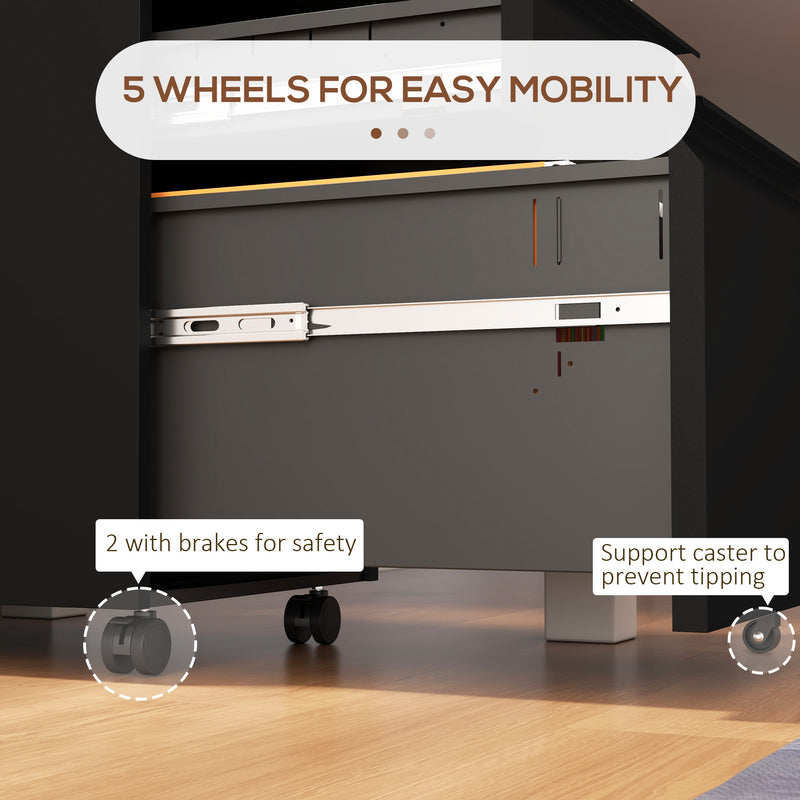 3 Drawer Steel Filing Cabinet With Lock For A4 Legal And Letter Files On Wheels, Black