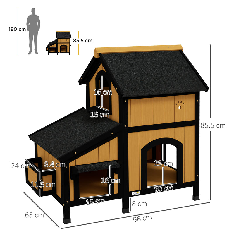 Yellow Wooden Outdoor Cat House with Plant Holder Multiple Entrances and Roof by Pawhut
