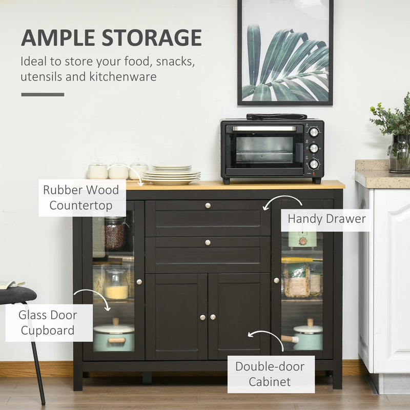 Buffet Sideboard Cabinet, Adjustable Shelves, Glass Doors for Organised Home Storage Oak Top, Black/Brown