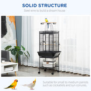 Tall Parrot Bird Cage With Open Play Top Perch Wheels and Storage Shelf Dark Grey AOSOM