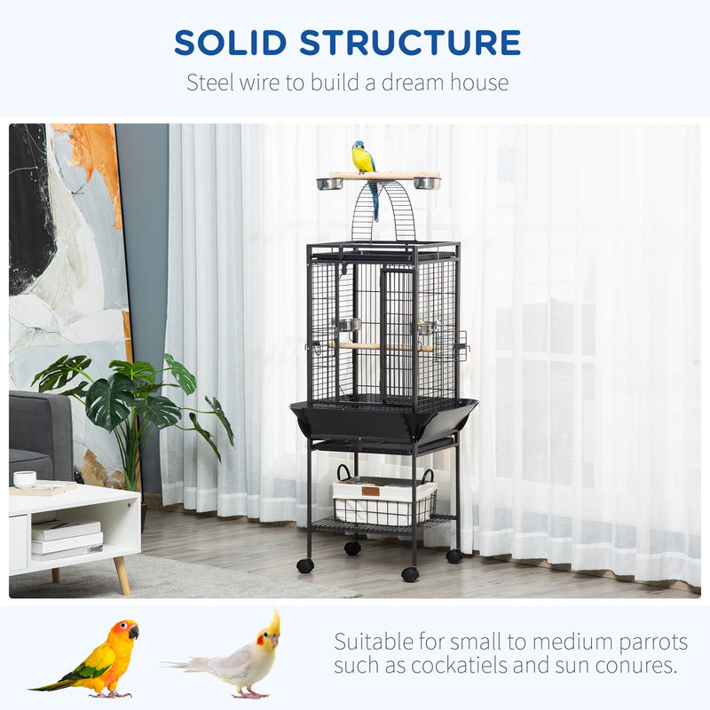Tall Parrot Bird Cage With Open Play Top Perch Wheels and Storage Shelf Dark Grey AOSOM