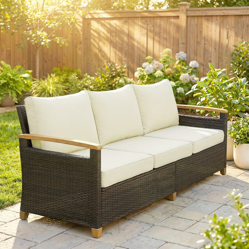 3 Seater Brown Rattan Garden Sofa with Deep Cushions & Removable Covers Outsunny