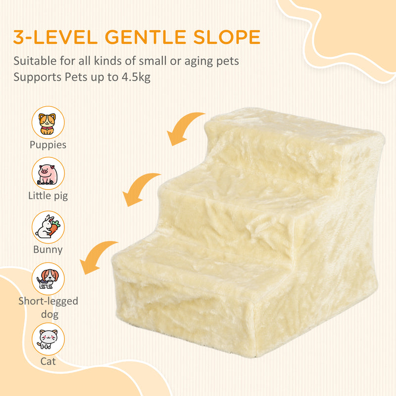 Beige Three Step Dog Stairs with Washable Plush Cover for Small Dogs and Cats by PawHut