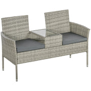 Light Grey Rattan Two Seat Garden Chair With Built In Table For Outdoor Relaxing