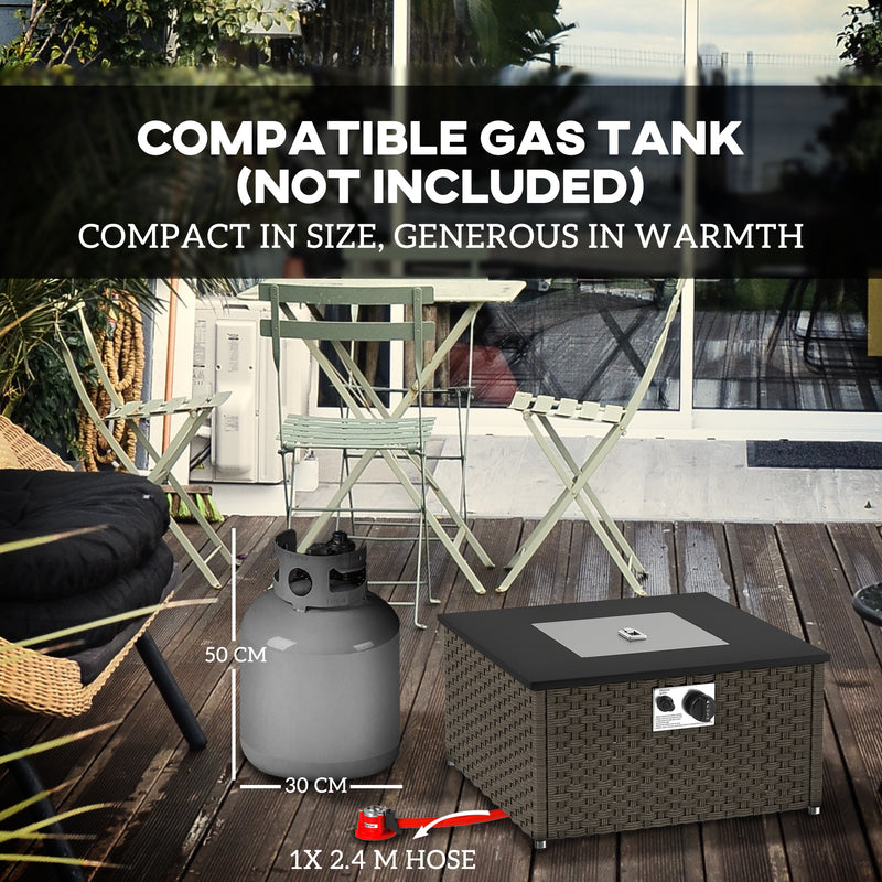 Grey Rattan Gas Fire Pit Table with Lid 13KW Outdoor Patio Heater and Coffee Table
