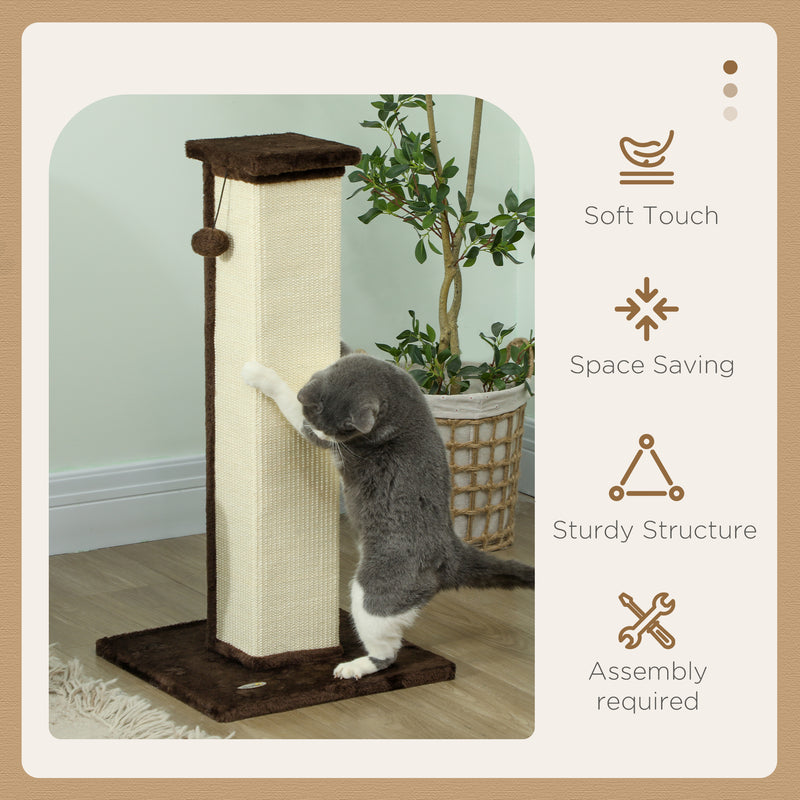 81cm Cat Scratching Post with Sisal Rope Hanging Ball and Soft Plush in Brown by PawHut