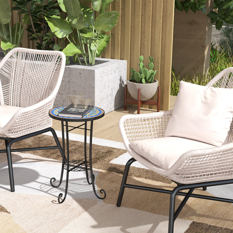 Blue Mosaic Garden Table 35.5 cm Round Ceramic Tile Top with Shelf for Patio Balcony Indoor by Outsunny