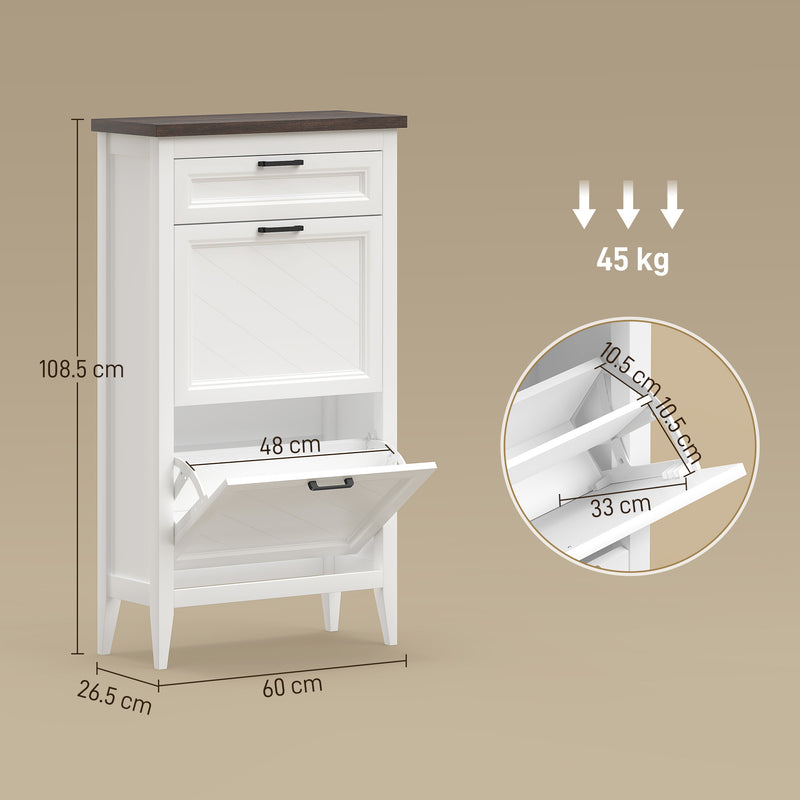 Slim Shoe Storage Cabinet for Narrow Hallways with Flip Drawers and Top Organiser White Homcom