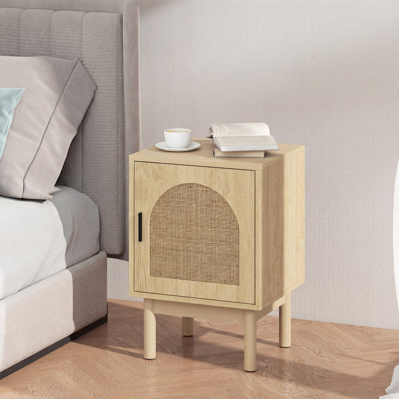 Bedside Table with Adjustable Shelf and Rattan Door for Organised Bedroom Storage Natural Wood Homcom
