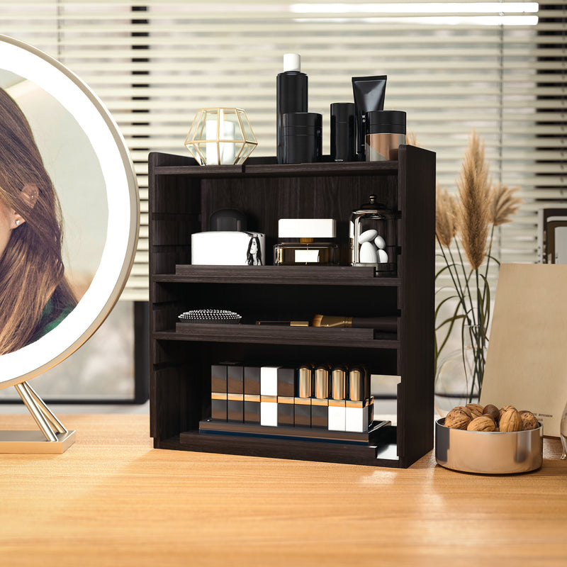 Four Tier Wooden Desktop Organiser With Storage Shelves For Home Office, Dark Brown