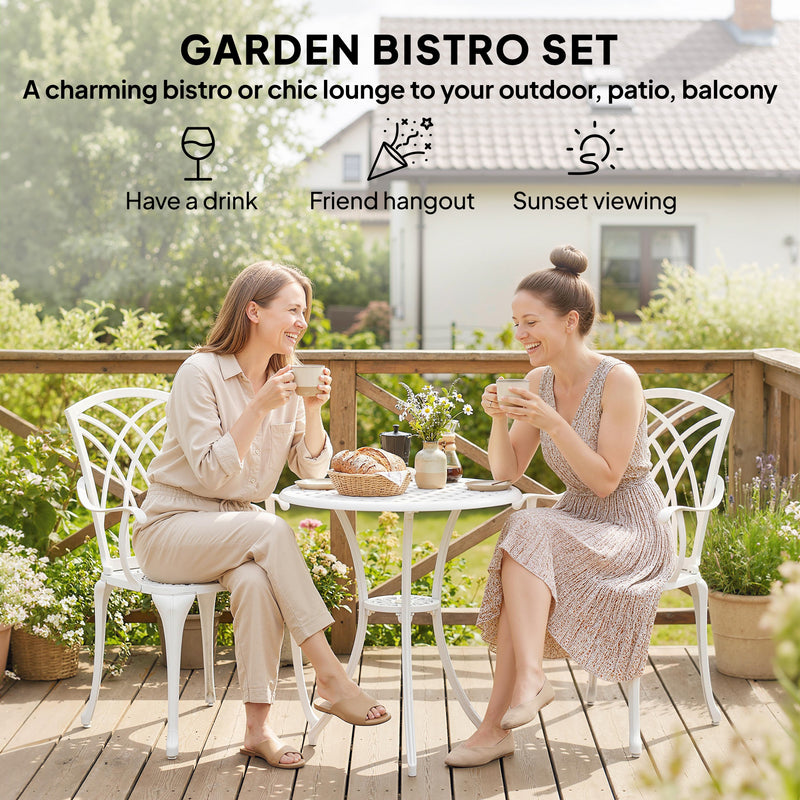 Garden Bistro Set for Small Patios with Parasol Hole, Weather-Resistant Cast Aluminium White