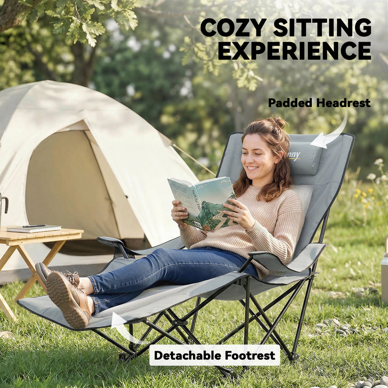 Set of 2 Reclining Camping Chairs for Shared Outdoor Comfort with Cup Holders Grey Black