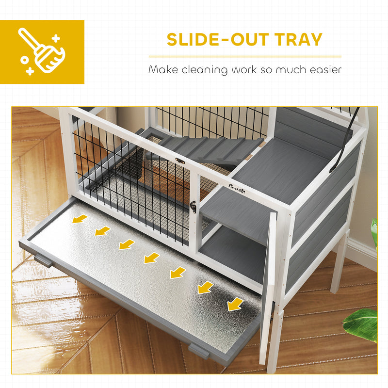 Grey Wooden Rabbit Hutch with Removable Tray and Openable Roof by PawHut